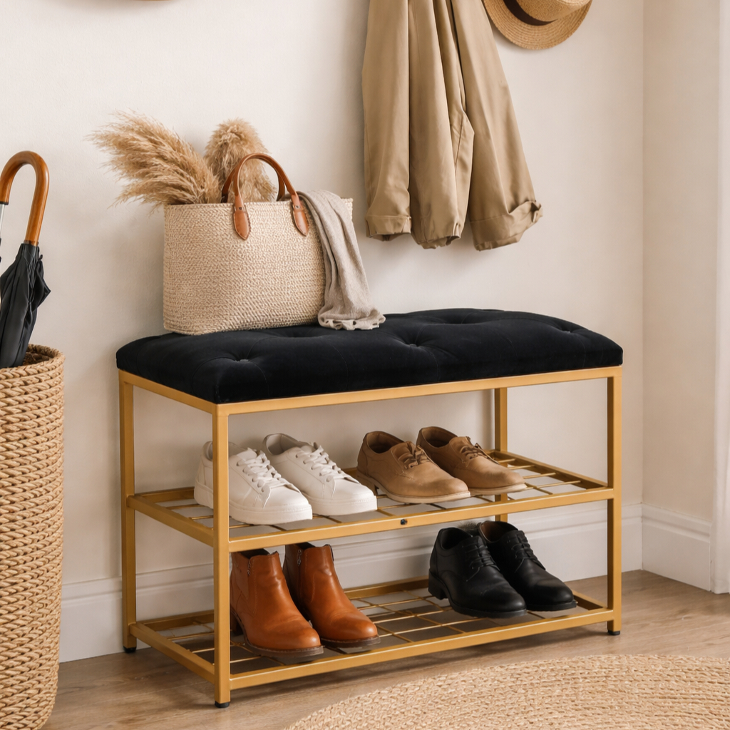 Sapateira Banco 2 Andares 47x30x60cm Metal Dourado com Assento Estofado Veludo Preto Organizador
