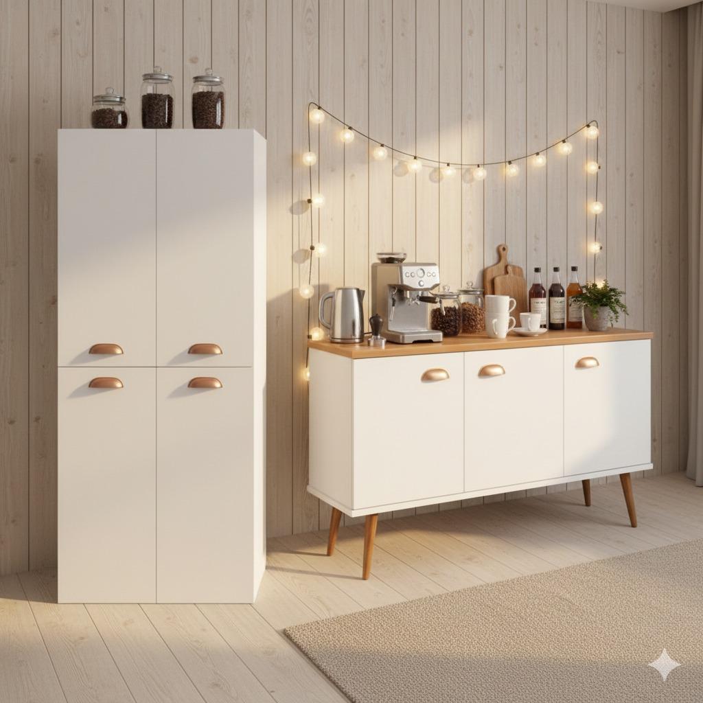 QUEIMA DE ESTOQUE - Kit Armário 4 Portas Multiuso + Buffet Retrô 3 Portas Moderno