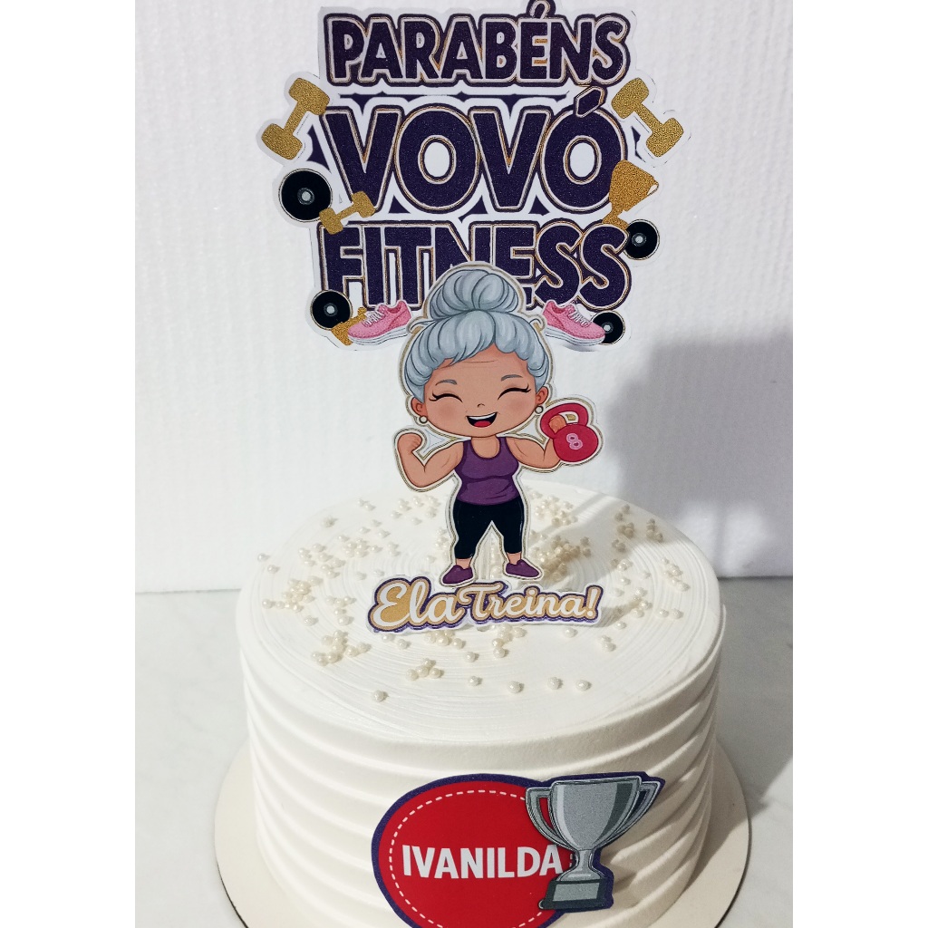 Topo de Bolo Vovó Fitness Academia Personalizado - Nome e Idade - Papel Fotográfico - Di Marte