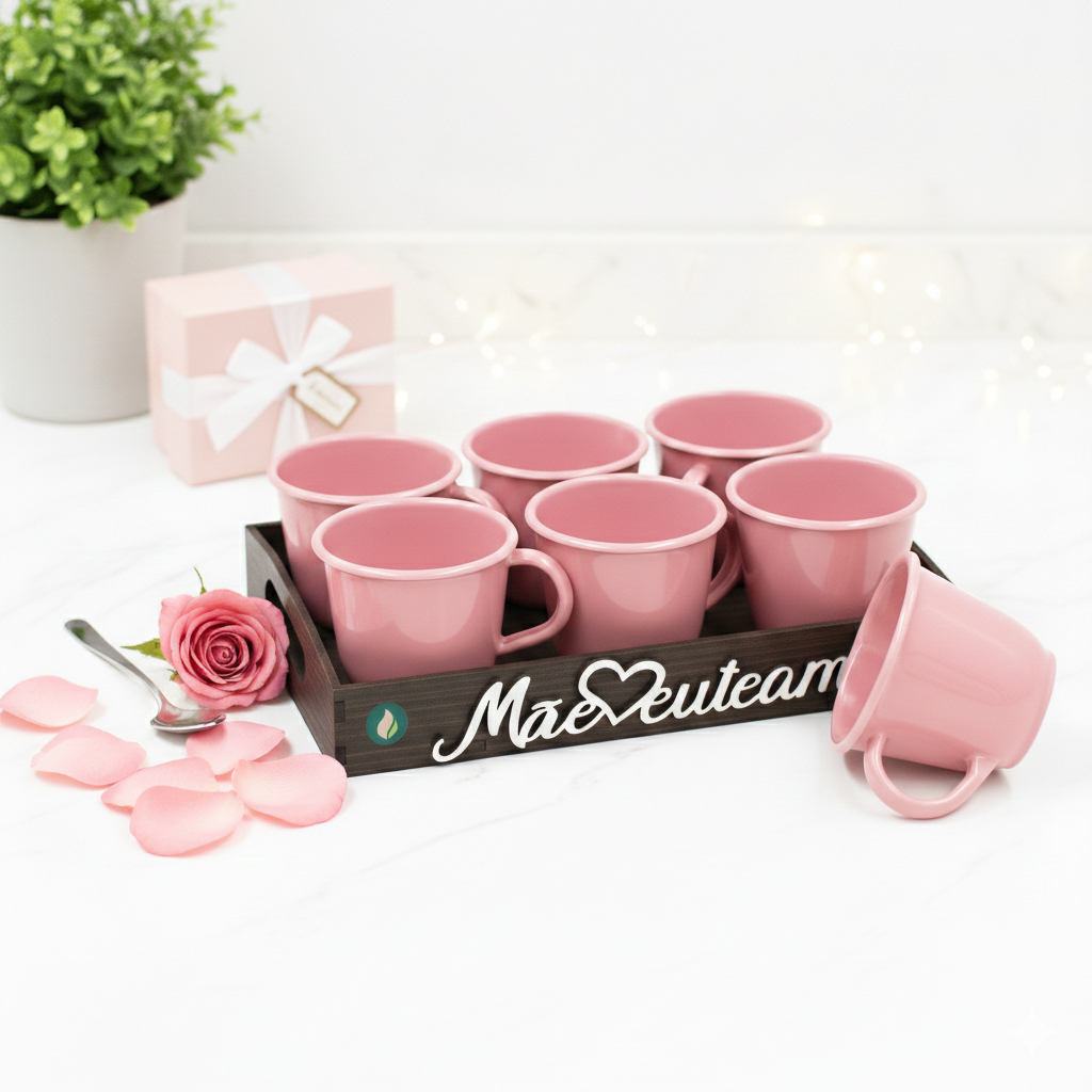 Presente Dia das Mães - 1 Bandeja com aplique Mãe eu te amo e 6 Xícaras acrilicas - MDF decorado em Oferta na Shopee