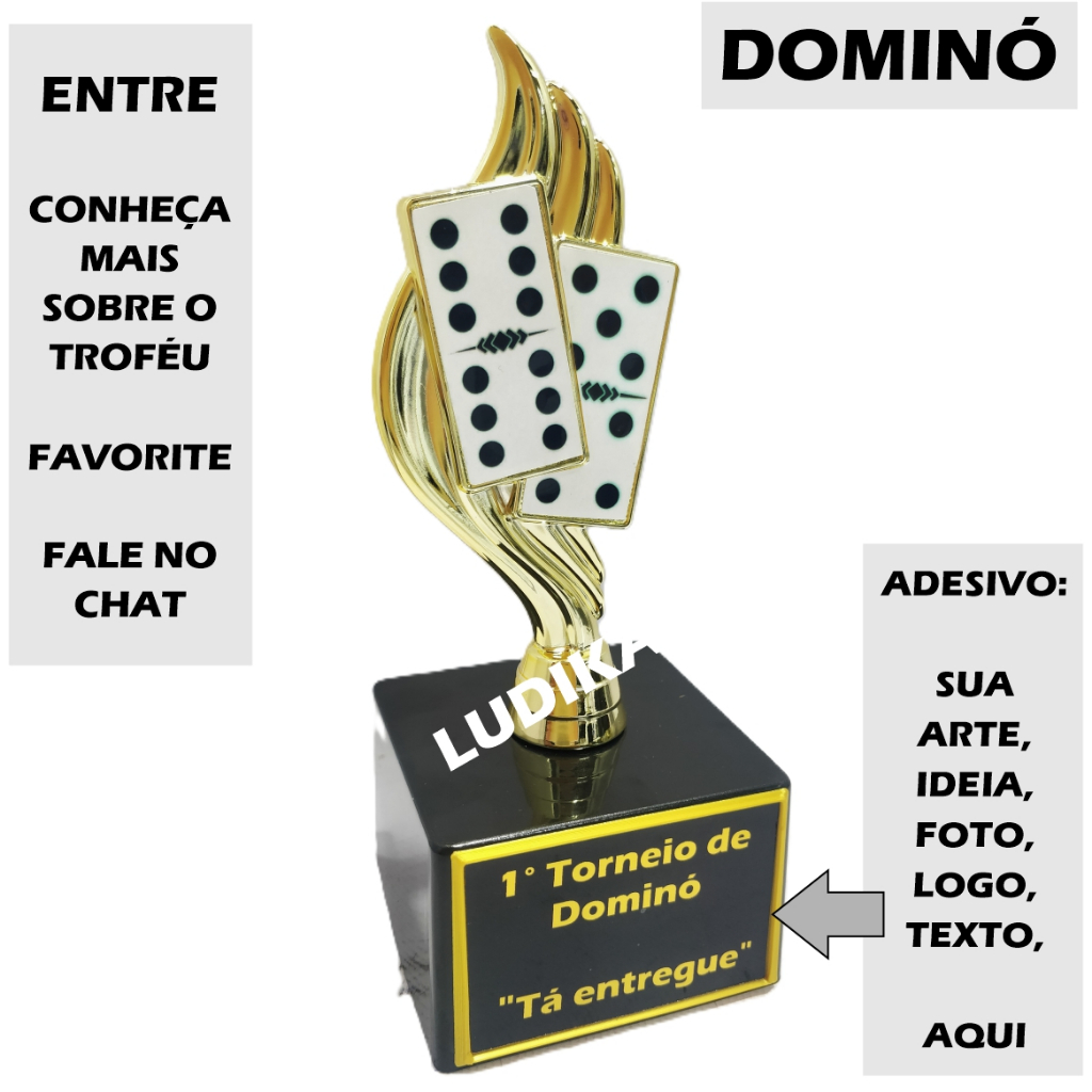Troféu Dominó Color Ouro 17cm BL2 {Personalizo} Bucha Pelada Branca Marfim Sena Duque Às Terno