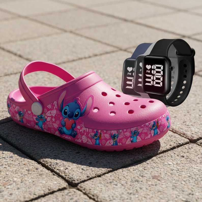 kit Babuche Max Infantil Menina chinelo Papete Sandália Desenhos + Relógio Digital: (cores sortidas)