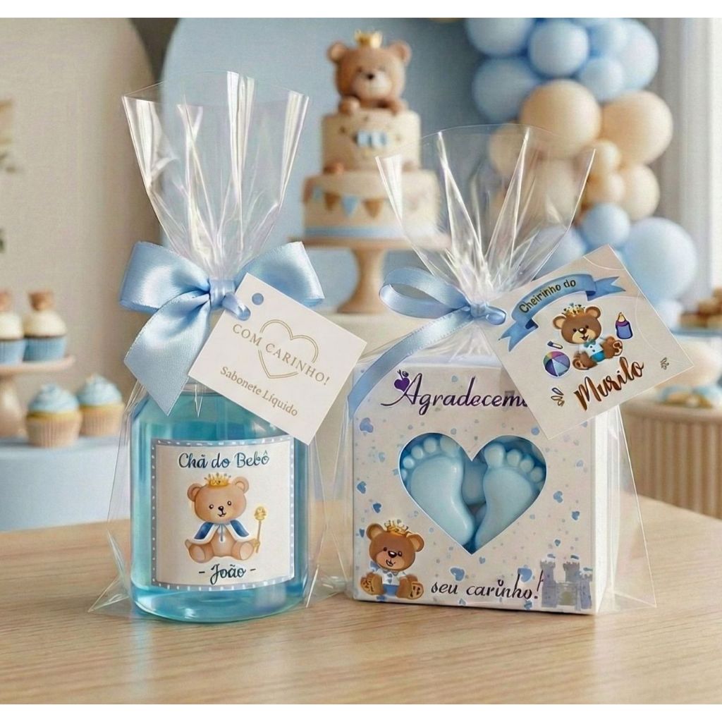 Kit 40 Lembrancinhas 20 Caixinhas e 20 Sabonete Liquido Cha de Bebe  cha revelação PERSONALIZADAS