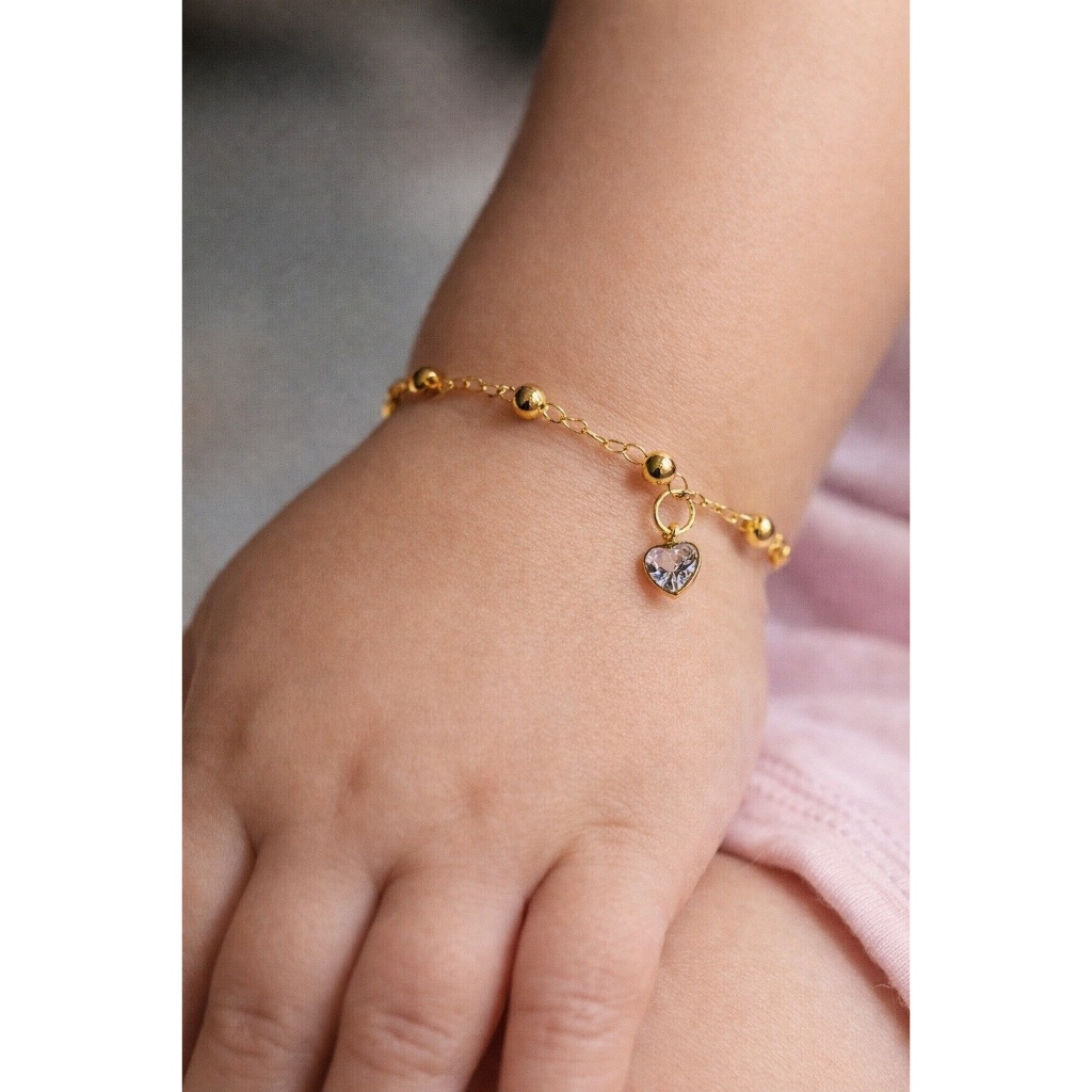 Pulseira Infantil Coraçãozinho de Zircônia com Bolinhas Folheado a Ouro 18K