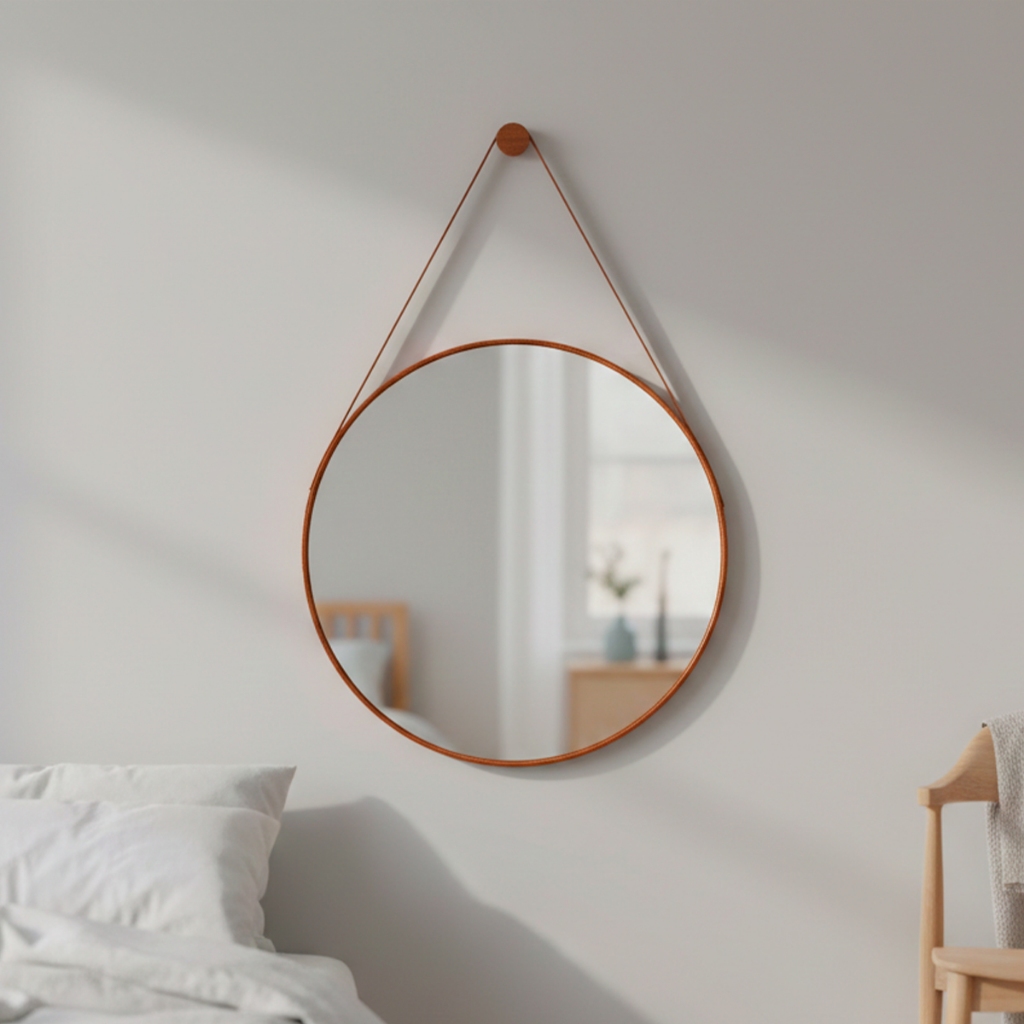 Espelho Adnet Redondo Decorativo Suspenso c/ Alça em Couro Orgânico 30 cm + Pino de Fixação
