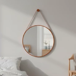 Espelho Adnet Redondo Decorativo Suspenso c/ Alça em Couro Orgânico 30 cm + Pino de Fixação