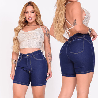 Short Meia Coxa Jeans Feminina Cintura Alta com Elastano Cós Alto Com Pinças