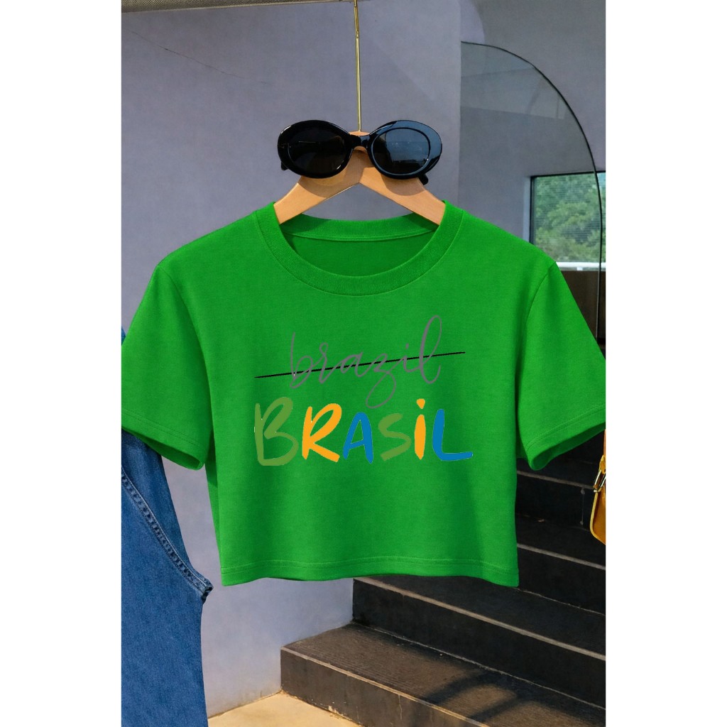 Blusa Cropped de Algodão Premium Estampado ESCRITO BRASIL COPA + ENVIO RÁPIDO em Oferta na Shopee