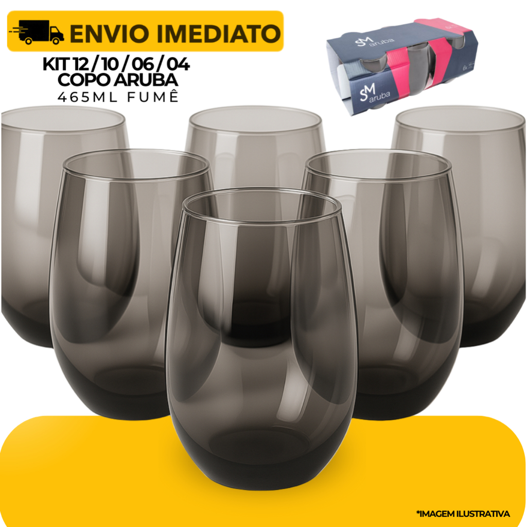 Jogo 12/10/06/04 Copos Aruba Vidro Fumê Luxo 465ml Cinza - Resistente Nadir