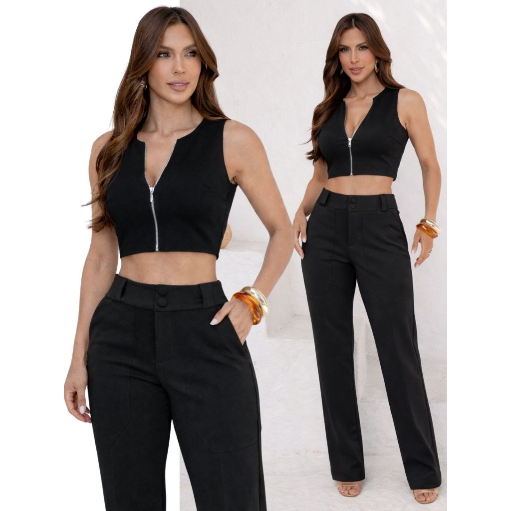 Conjunto Feminino Longo Cropped Zíper e Calça Pantalona Alfaiataria Tecido Montaria Elegante