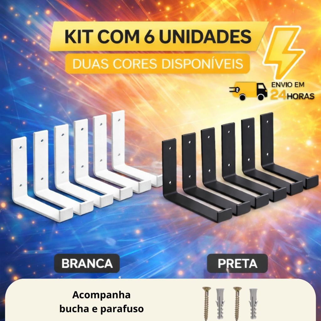 Kit com 6 Suporte Mão Francesa Invertida Cantoneira para Prateleira Ferro Reforçado Vários tamanhos Suporta até 10kg