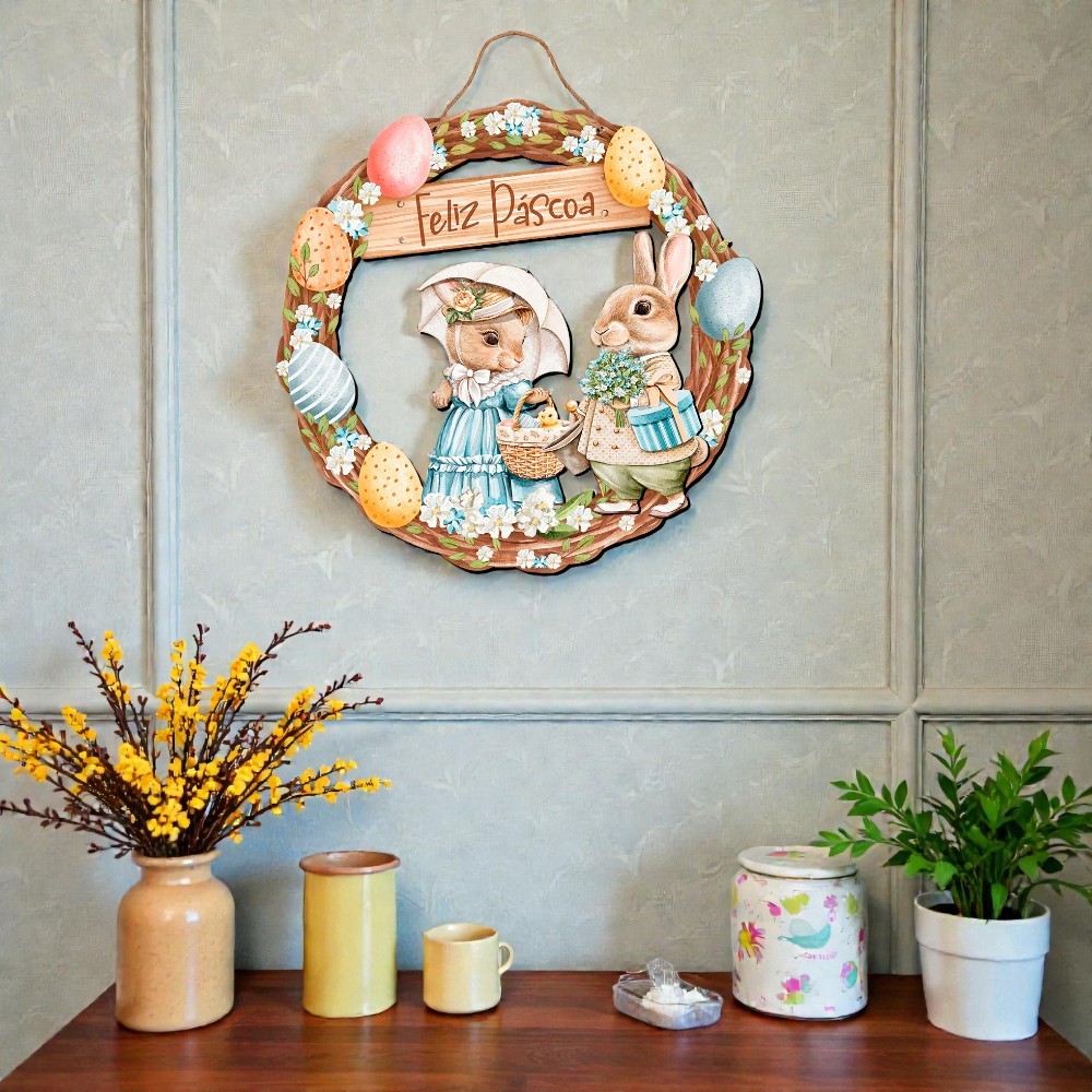 Placa Decorativa Corda Páscoa - Guirlanda Casal De Coelhos - 30 x 30Cm