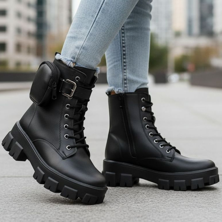Bota Coturno Feminina Tratorada Plataforma Estilo Militar Moderna Bolsinha Removível em Oferta na Shopee