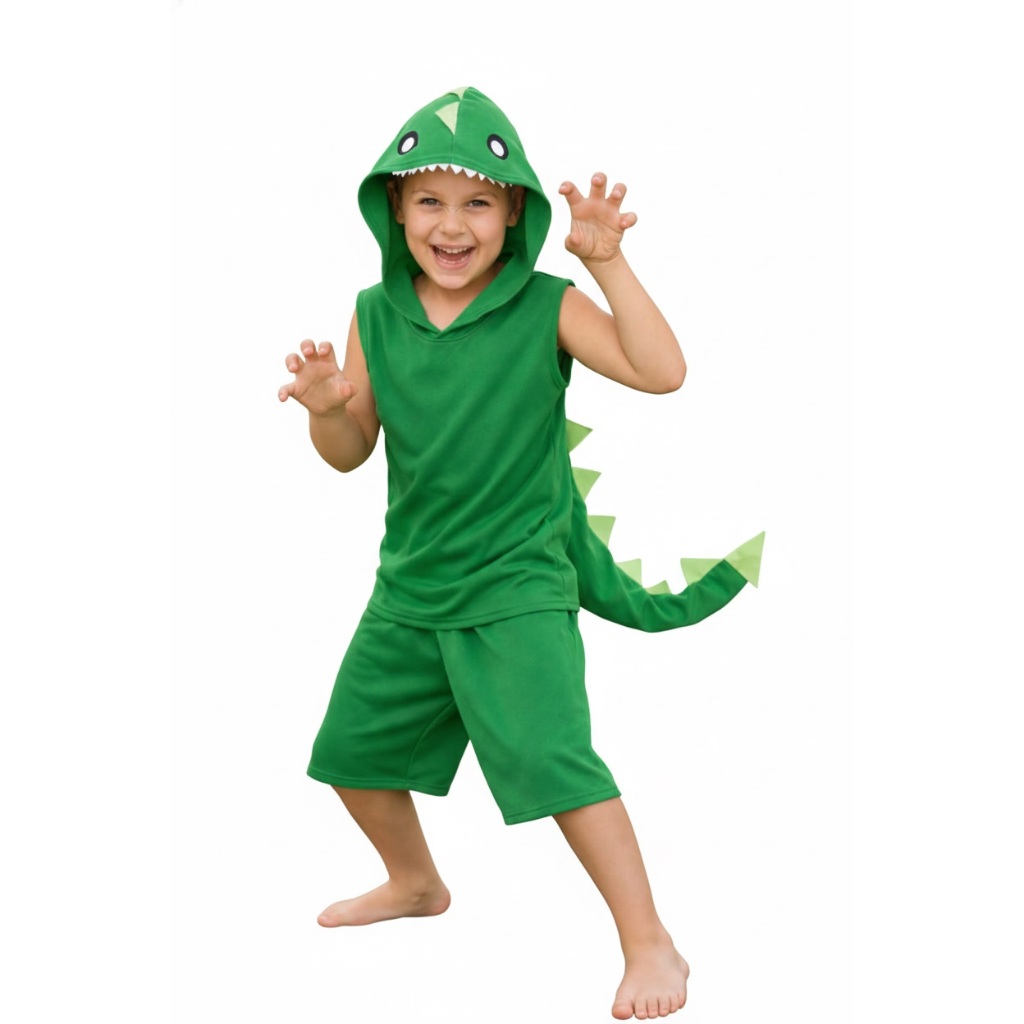 Fantasia Infantil Dinossauro com Capuz Conjunto Camiseta e Bermuda Criança