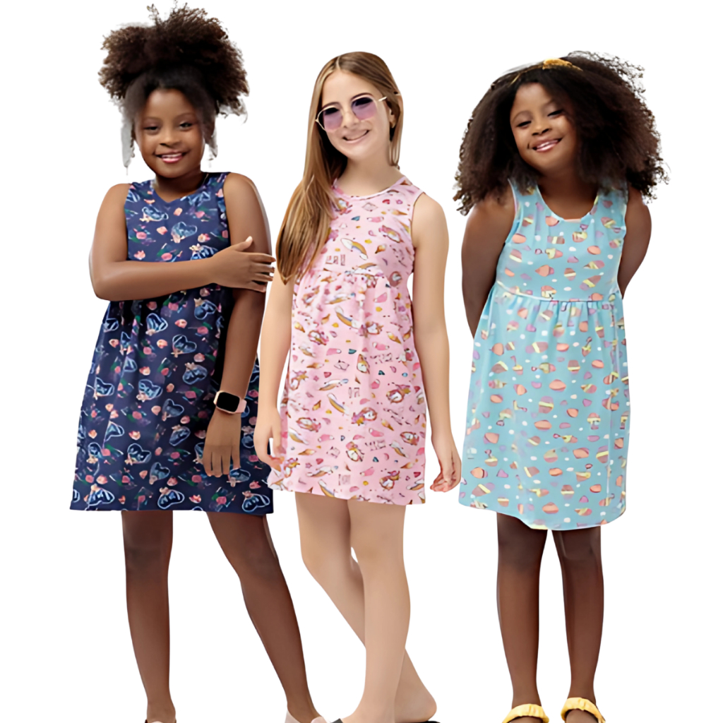 Kit 3 Peças Vestido Infantil De Cotton Estampado Sortido Algodão Confortável Meninas Infantil em Oferta na Shopee