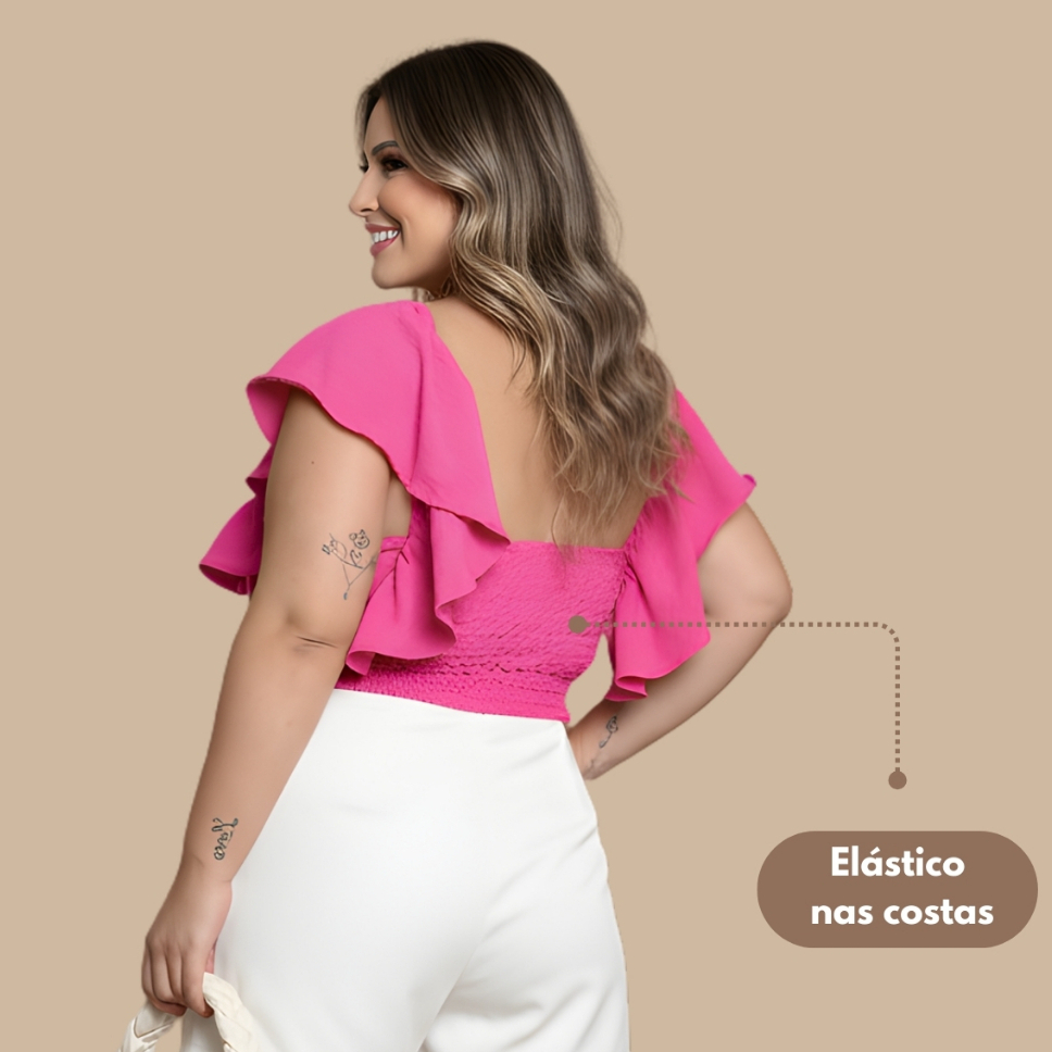 Cropped Feminino Manga Curta com Babado Decote Reto Elegante Confortável Moda Verão Casual Chic