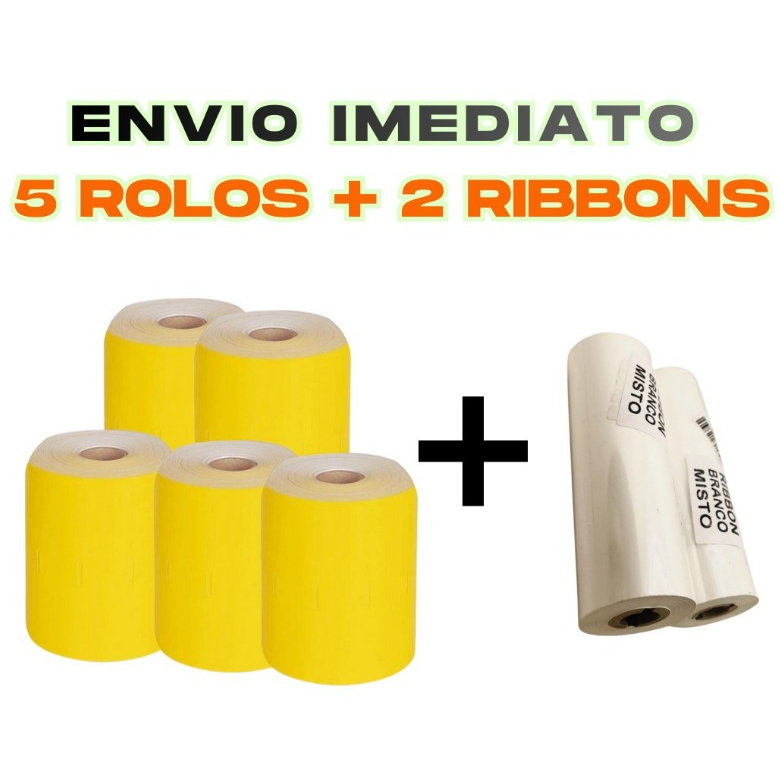 *ENVIO IMEDIATO* 5 (CINCO)  ROLOS ETIQUETA GÔNDOLA  (AMARELO) + 2 RIBBONS  -- ZEBRA /ARGOX /ELGIN em Oferta na Shopee