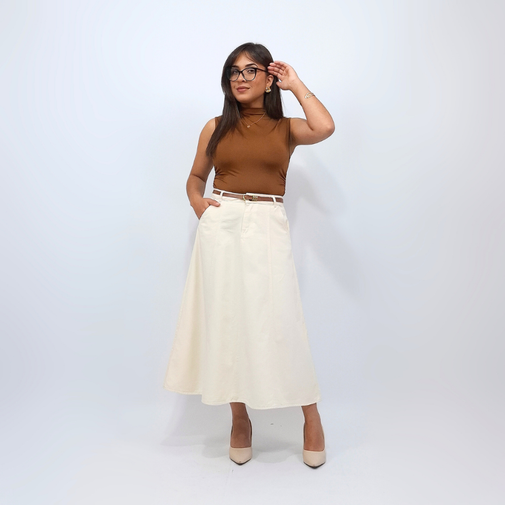 Saia Jeans Cintura Alta Tendencia Midi Feminina com Bolsos e Cinto em Oferta na Shopee