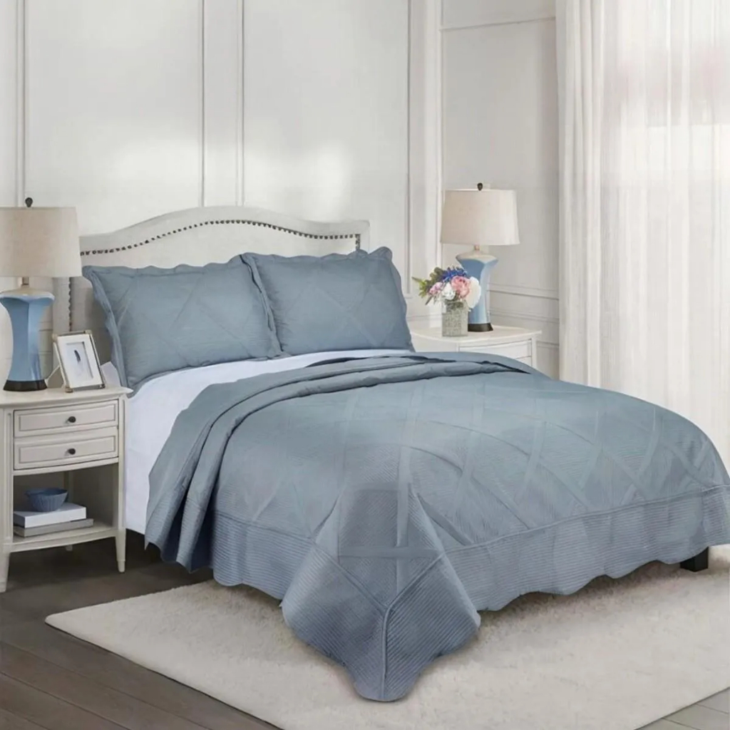 Kit Colcha 3 Pçs Egeu Queen Cama Mesa E Banho Cor Cinza Camesa