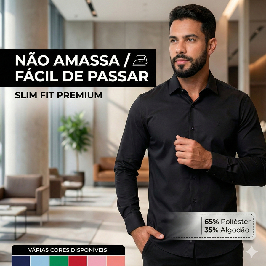 Camisa Social Masculina Slim Manga Comprida Lisa | Fácil de Passar Elegante Casual