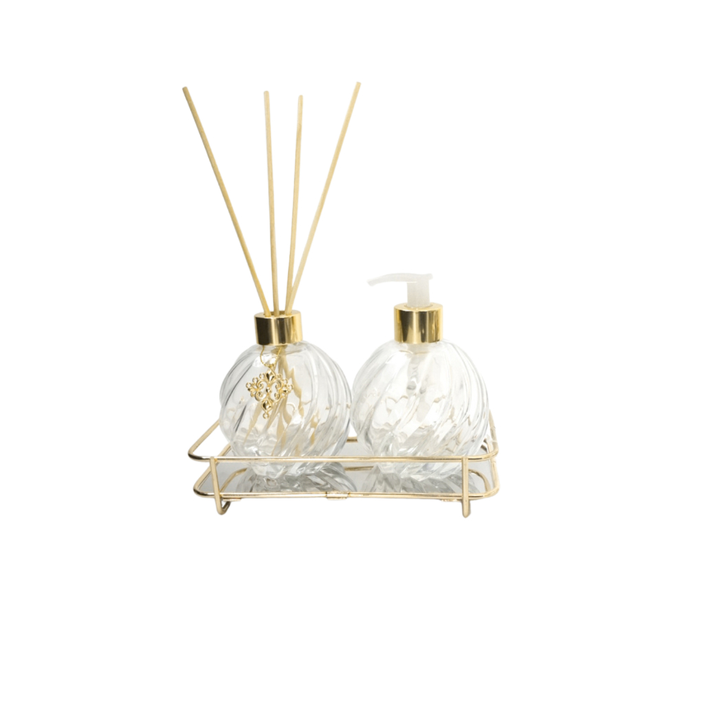 Kit Lavabo Luxo Banheiro Vidro Difusor + Saboneteira 280ml com Bandeja Metal