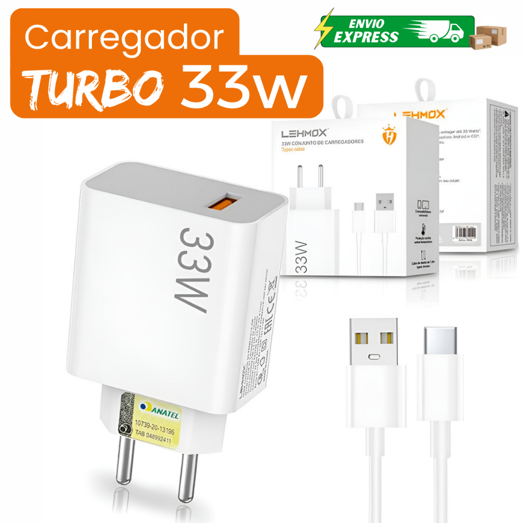 Carregador Completo Turbo Power Para Xiaomi Redmi Poco Cabo USB + Cabo Tipo C 33