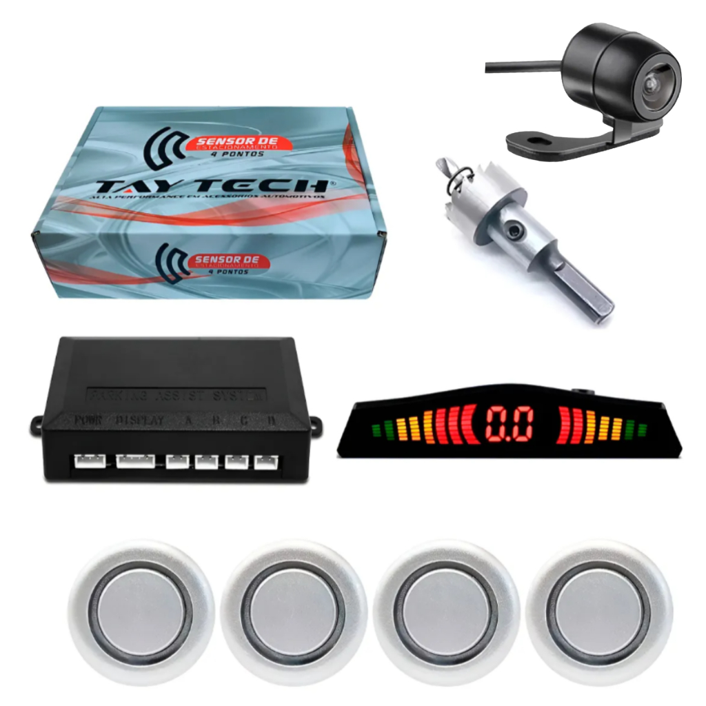 Kit Sensor De Re Estacionamento 4 Ponto Bip Sonoro Universal na cor Prata + Câmera de Ré em Oferta na Shopee