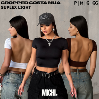 Cropped Costa Nua Suplex Feminina Ombro a Ombro manga curta Baby Tee Liso Casual Básico Tecido Duplo em Oferta na Shopee