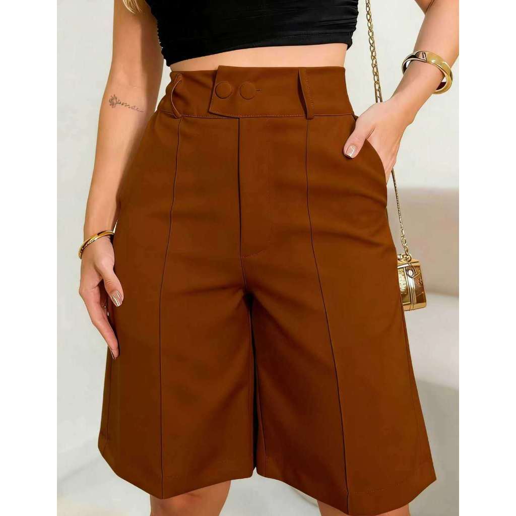 bermuda feminina Calças elegantes de comprimento médio com botões duplos e bolsos. em Oferta na Shopee