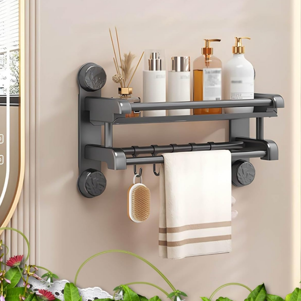 Porta Toalha Suporte Duplo Toalheiro Banheiro Lavabo 40cm Cinza Fixação de Ventosa