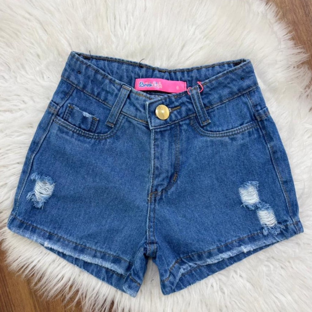 Short Jeans Rasgado Infantil Meninas com Ajuste na Cintura 4-16 Estiloso Tecido Grosso Blogueirinha
