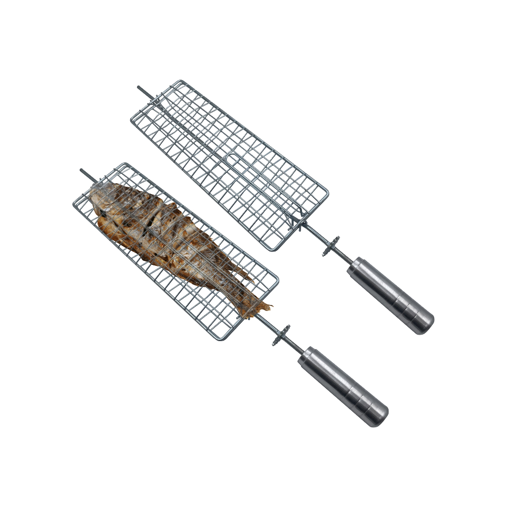 Kit 2 Espetos Grelha Para Churrasqueira Grill Giratório Peixe Coração de Frango Legumes e Miúdos
