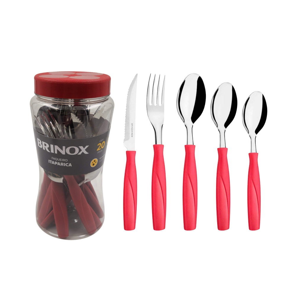 Faqueiro Itaparica 20 Peças Vermelho Dust Inox Brinox Conjunto Jogo de Talheres Utensílios Cozinha
