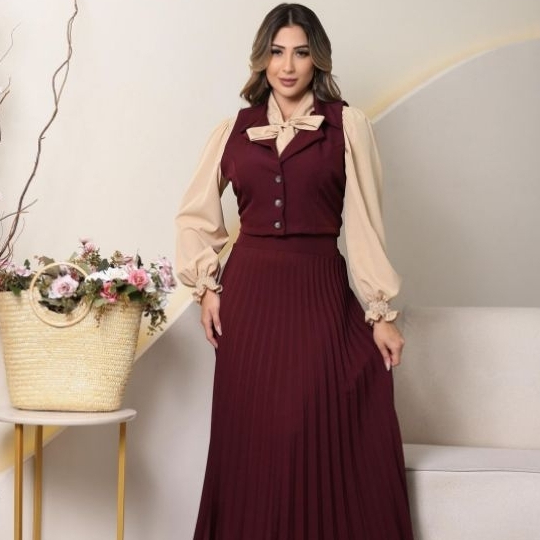 Saia Plissada Conjunto + Colete Tecido Moda Evangélica Com Elástico que Modelar sua Cintura. em Oferta na Shopee