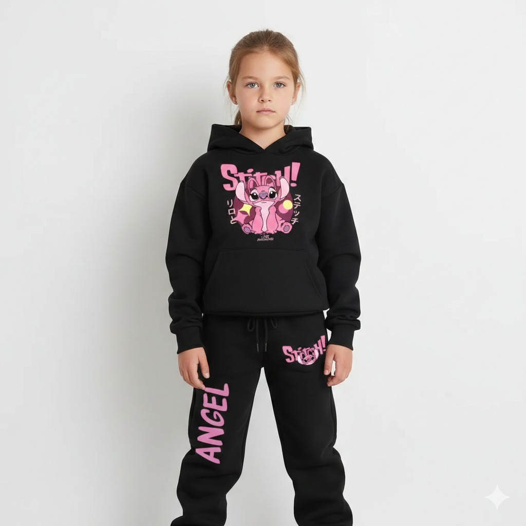 Conjunto Moletom Tradicional Infantil Inverno Blusa Canguru E Calça Moletom Lilo Stitch Angel Rosa