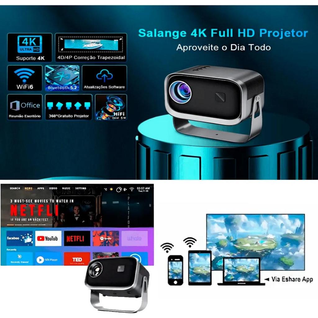 Projetor A10 TV 4K Android 11 Cinema Portátil Bluetooth 5.0 Dual Band WIFI 6.0 Quarto Sala