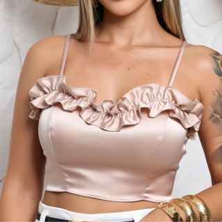 Cropped Top Feminino Blusinha com Babado Com Bojo Blusa Luxo Elegante chique Alça Fina em Oferta na Shopee