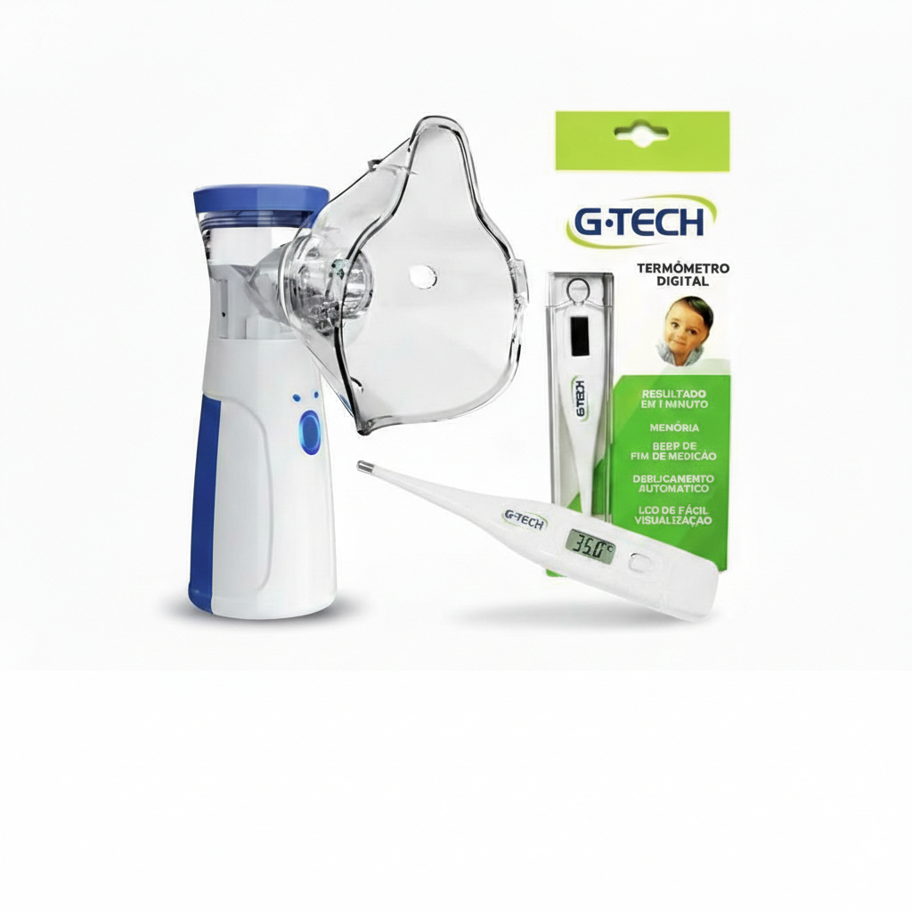 Kit Saúde Familia Inalador Nebulizador  Mesh Sem Fio Silencioso e Termômetro clinico G-Tech Original Envio Imediato