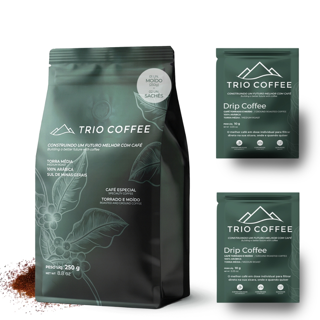 Trio Coffee Kit Café Especial Moído 250g + 2 Sachês Drip Coffee Individual com válvula e zip lock em Oferta na Shopee