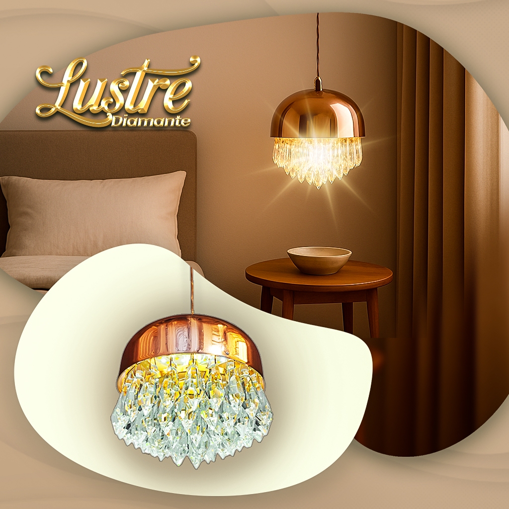 Lustre Cristal Dourado 7W LED – Decoração Moderna Iluminação Suave Elegância e Brilho na Decoração