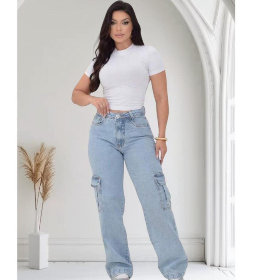 Calça Jeans Cargo Feminina Confortável Casual Versátil Tendência Elegante Moderna Festas Blogueira