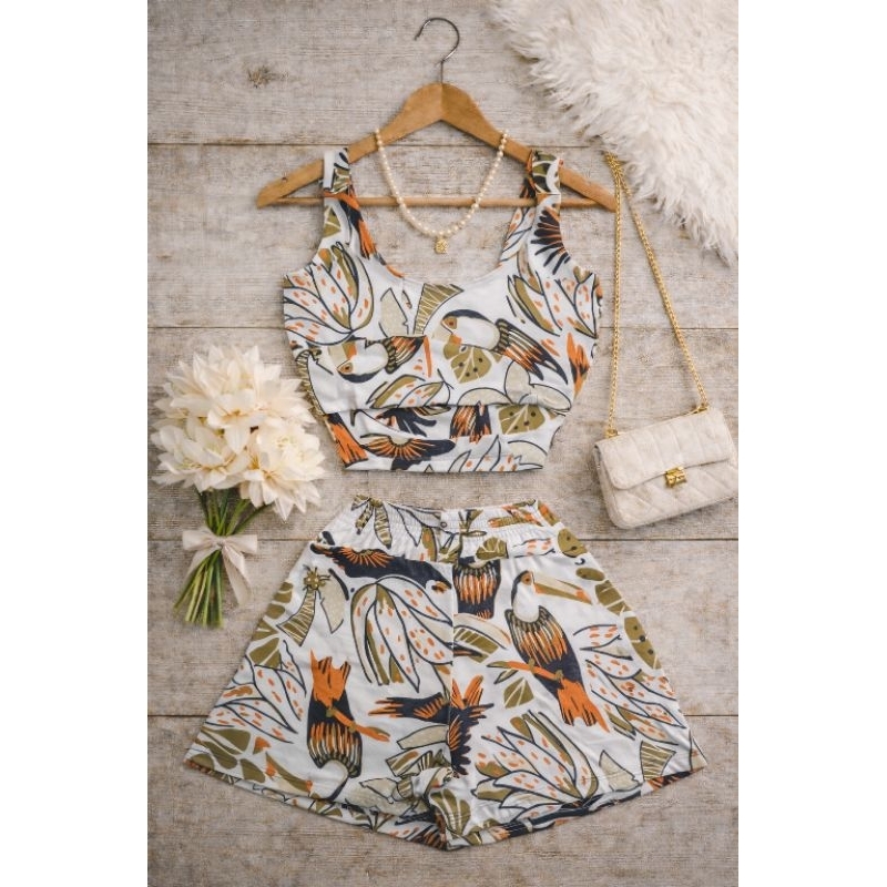 Conjunto Feminino Verão Alcinha Estampado Cropped E Short CJ2 em Oferta na Shopee