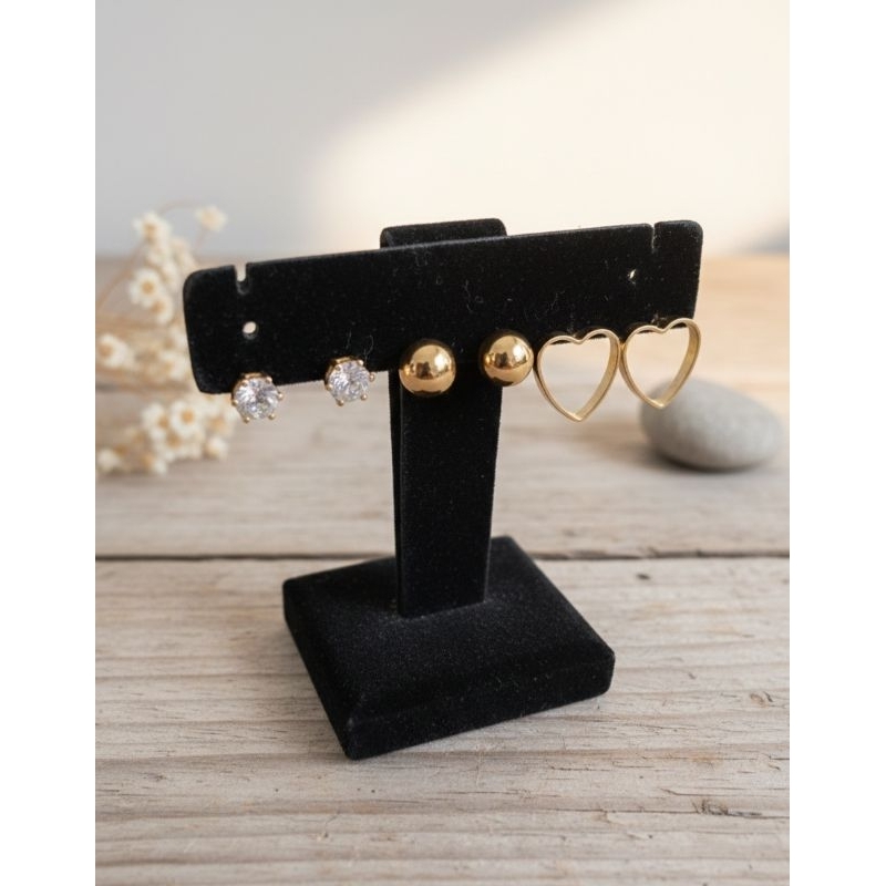 Kit Trio Brinco Folheado Ouro Ponto Luz Esfera Coração Feminino Delicado Presente Namorada Mãe