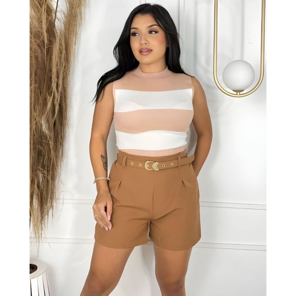Blusa Feminina Regata Tricot Bicolor Gola Alta Canelada Listrado Comum Formal Verão