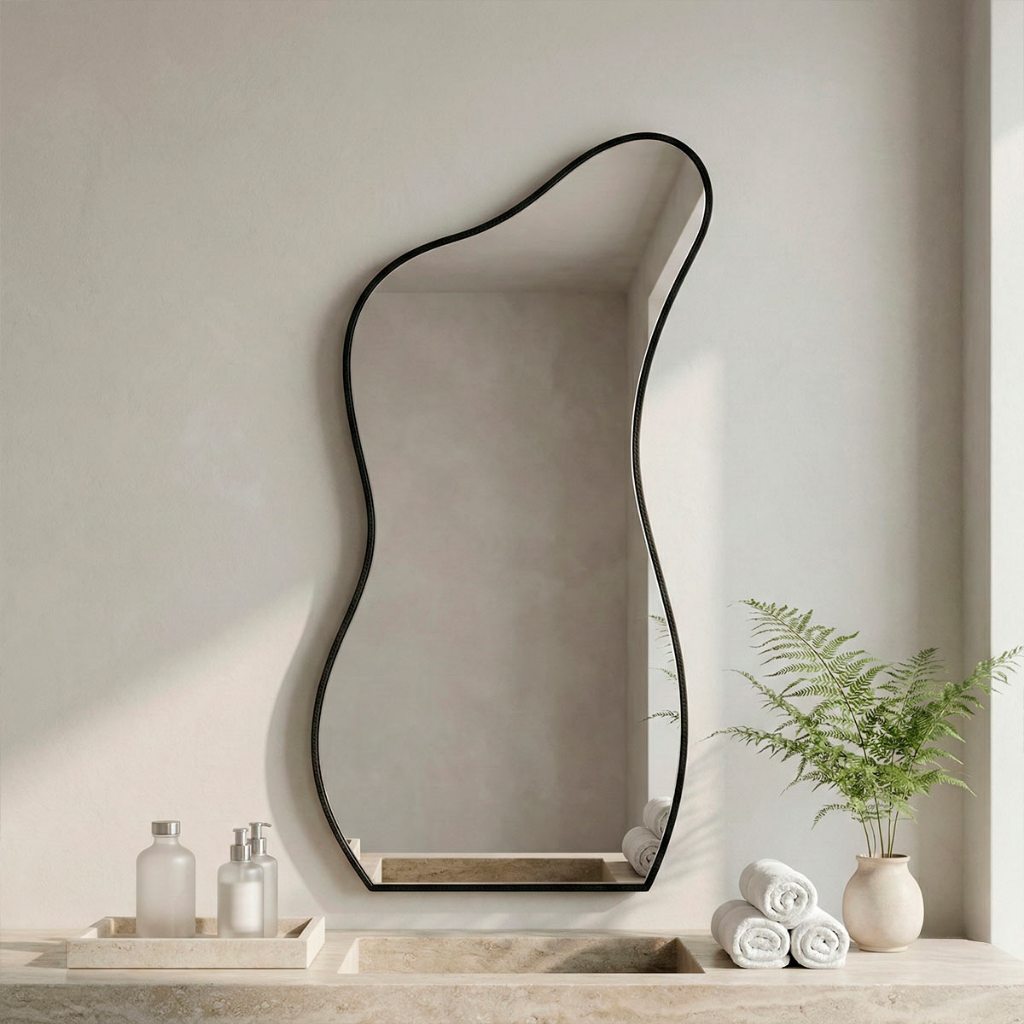 Espelho Orgânico Curves 110x60 com Borda em Couro Ecológico e Fixação de Parede para Sala Banheiro em Oferta na Shopee