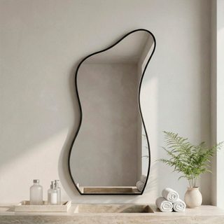 Espelho Orgânico Curves 110x60 com Borda em Couro Ecológico e Fixação de Parede para Sala Banheiro
