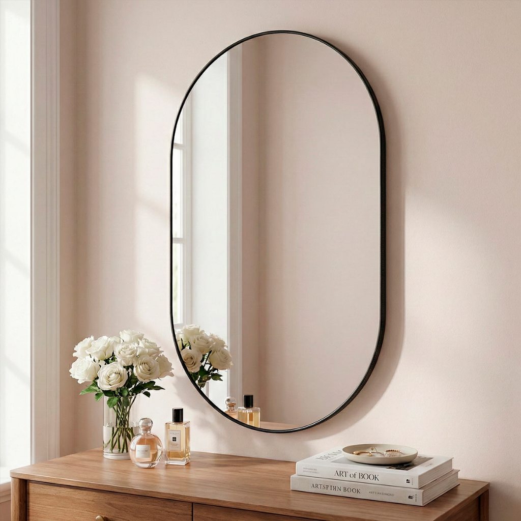 Espelho Orgânico Pílula 44x64cm para Banheiro Sala com Borda em Couro Ecológico e Fixação de Parede em Oferta na Shopee