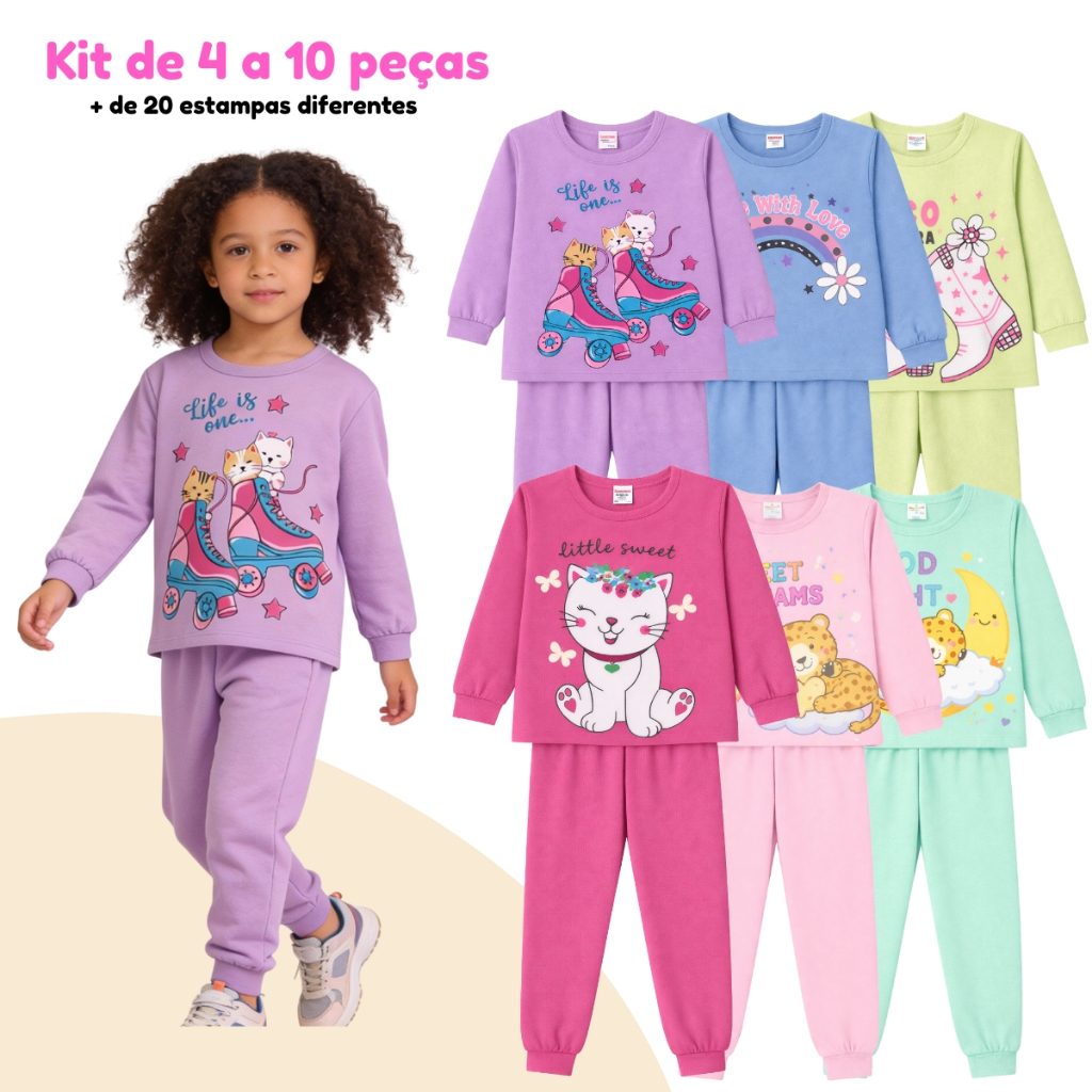 Kit 4 a 10 Peças Conjunto Infantil Sortido Inverno Menina Liso e Estampado Moletom Frio 1 a 8 anos