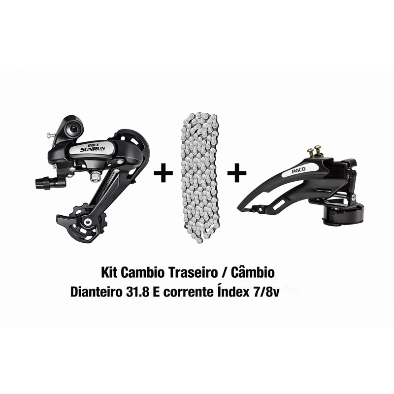 Transmissao Câmbio Dianteiro + Câmbio Traseiro + Corrente Fina 7/8V Index Bicicleta MTB e Urbano Kit completo