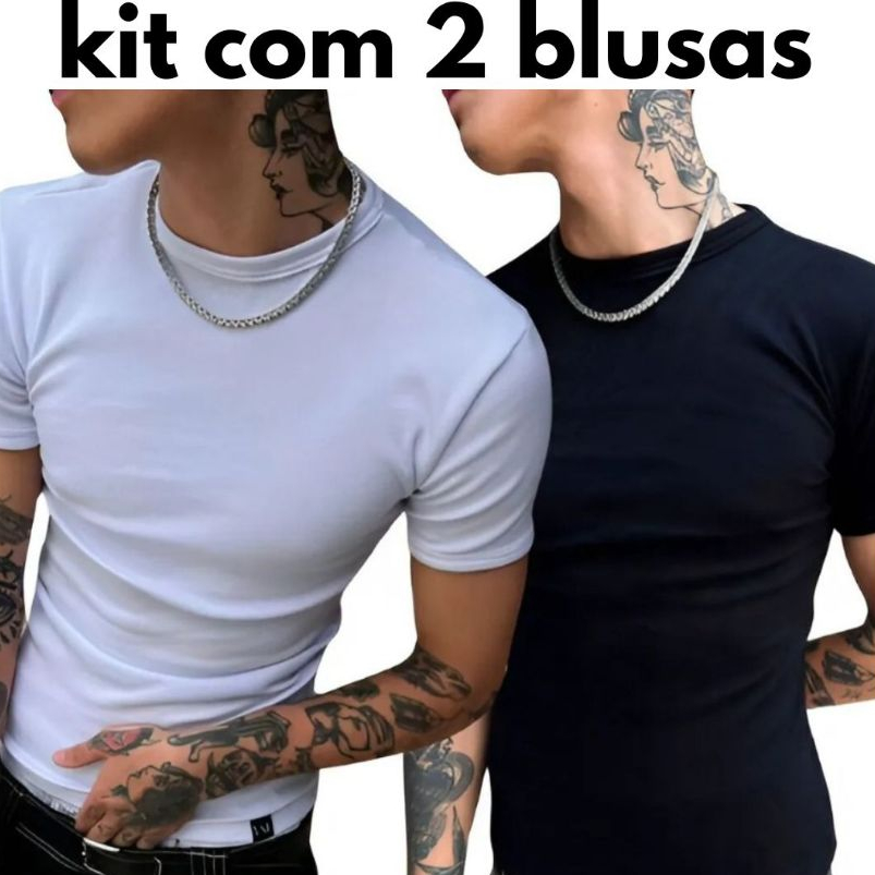 Kit 2 Camisetas, Camiseta Masculina Modelo Americano Canelada Básica Slim